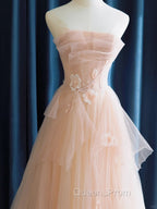 Cute Pink  Strapless Tulle Long Evening Dress with Flowers, Pink Tulle Evening Prom Dress