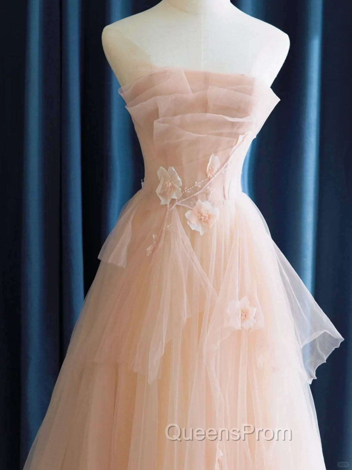 Cute Pink  Strapless Tulle Long Evening Dress with Flowers, Pink Tulle Evening Prom Dress