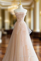 Cute Pink  Strapless Tulle Long Evening Dress with Flowers, Pink Tulle Evening Prom Dress