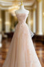 Cute Pink  Strapless Tulle Long Evening Dress with Flowers, Pink Tulle Evening Prom Dress