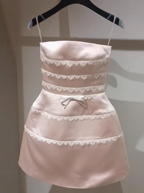 Cute Pink Suspender Satin Lace 17Th Birthday Homecoming Dress Main image