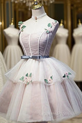 Cute Pink Tulle Short Flowers Lace Layers Formal Dress, Pink Short Homecoming Dress