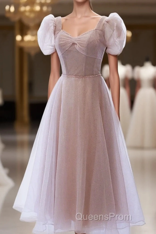 Cute Pink Tulle Short Sleeves Knee Length Homecoming Dress, Cute Pink Evening Prom Dress Main image
