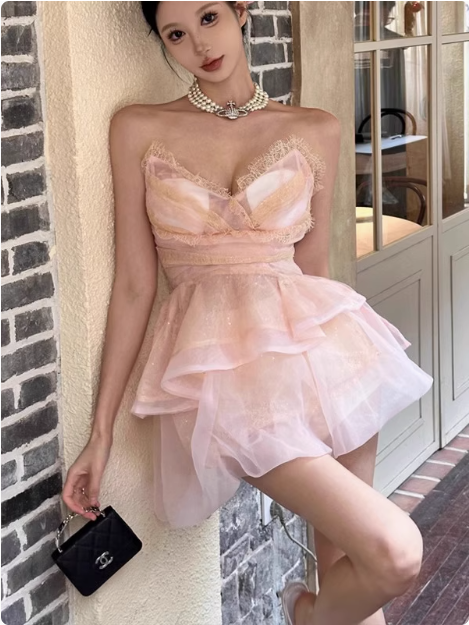 Cute Puffy Pink V Neck Mini Birthday Dress Homecoming Dress Secondary image