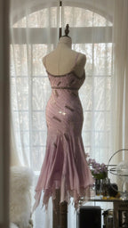 Cute Purple Strap Beaded Chiffon Mermaid Short Classy Prom Dress