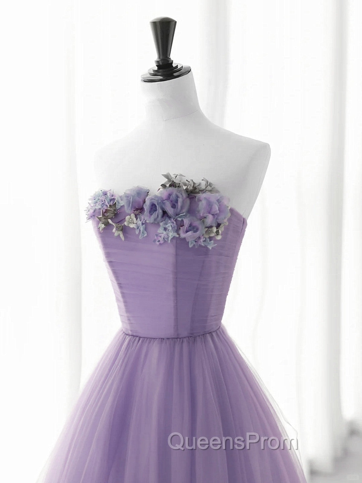 Cute Purple Tulle A-Line Long Evening Prom Dress With Flowers, Purple Tulle Party Dress Secondary image