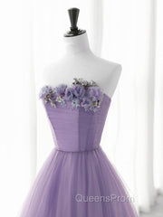 Cute Purple Tulle A-Line Long Evening Prom Dress With Flowers, Purple Tulle Party Dress