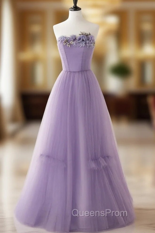 Cute Purple Tulle A-Line Long Evening Prom Dress With Flowers, Purple Tulle Party Dress Main image