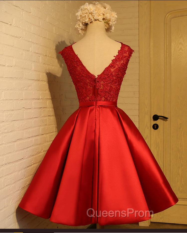 Cute Red Homecoming Dress, Round Neckline Lace and Satin Party Dress Secondary image