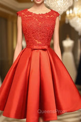 Cute Red Homecoming Dress, Round Neckline Lace and Satin Party Dress
