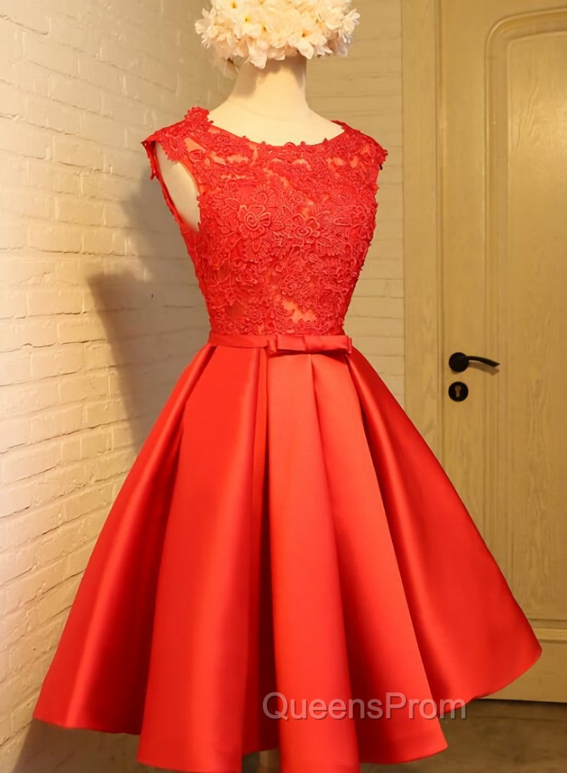 Cute Red Homecoming Dress, Round Neckline Lace and Satin Party Dress Main image