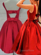 Cute Red Satin Scoop Sleeveless Short Party Dress, Red Homecoming Dress