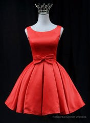 Cute Red Satin Short Party Dress Prom Dress, Red Round Neckline Homecoming Dress
