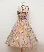 Cute Round Champagne Short Evening Prom Dress, Champagne Homecoming Dress
