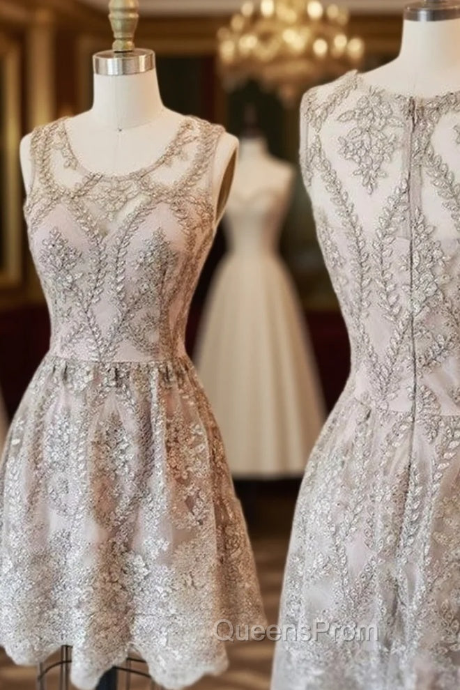 Cute Round Neck Lace Short Evening Prom Dress, Homecoming Dress, Bridesmaid Dress Main image