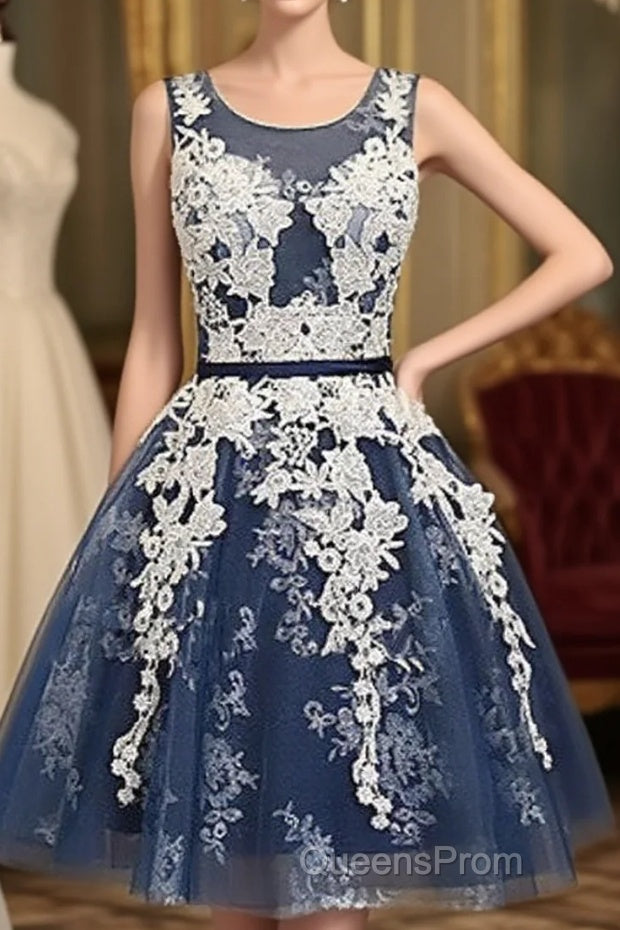 Cute Round Neck Lace Tulle Dark Blue Short Evening Prom Dress, Bridesmaid Dress Main image