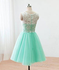 Cute Round Neck Lace Tulle Short Green Evening Prom Dress, Bridesmaid Dress