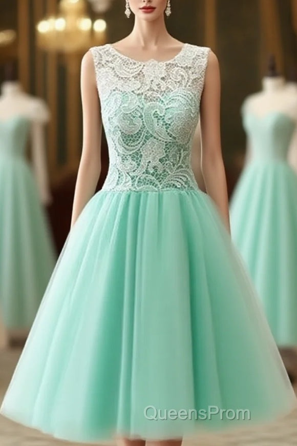 Cute Round Neck Lace Tulle Short Green Evening Prom Dress, Bridesmaid Dress Main image