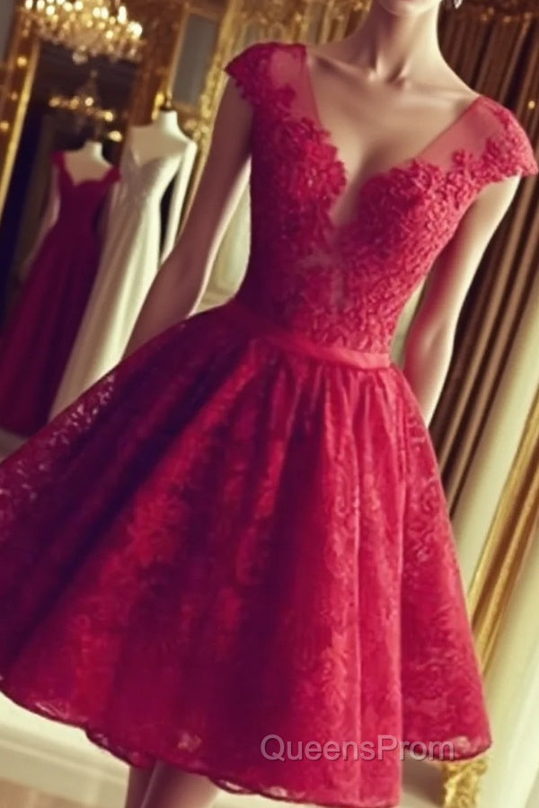 Cute Round Neck Red Lace Short Evening Prom Dress, Red Homecoming Dress Main image
