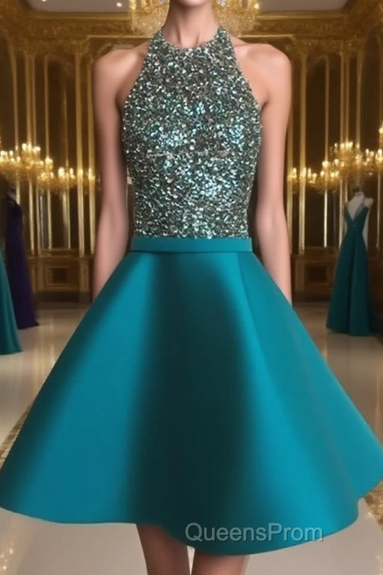 Cute Round Neck Sequin Backless Green Short Evening Prom Dress, Green Homecoming Dress Main image