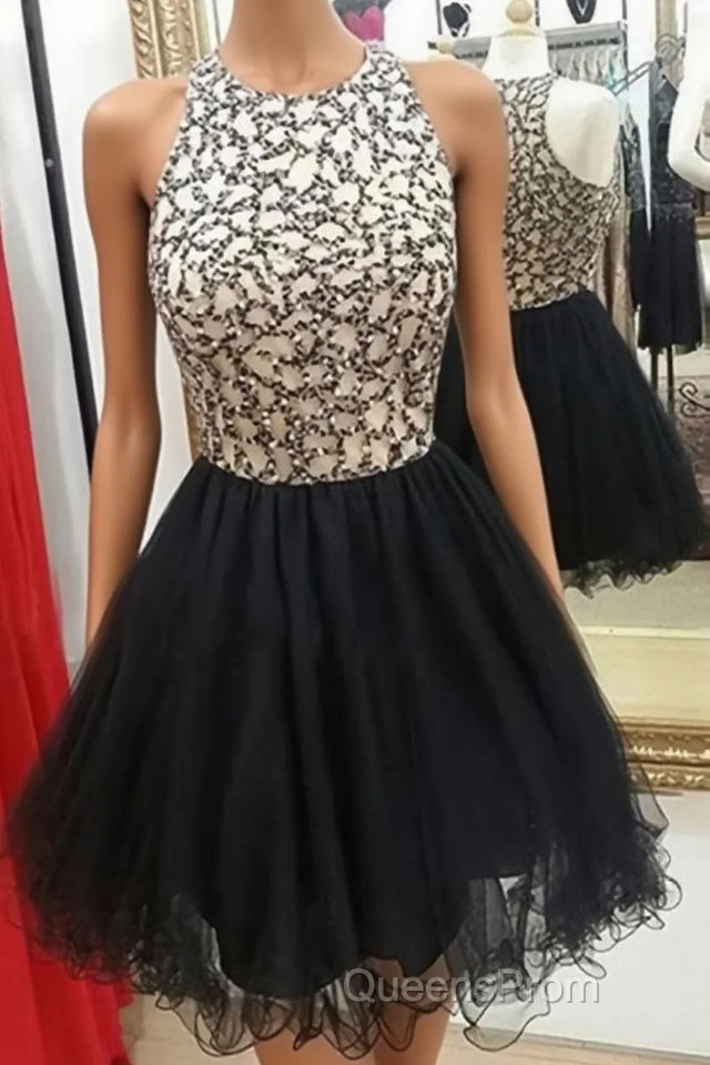 Cute Round-Neck Sequin Tulle Short Black Evening Prom Dress, Black Homecoming Dress Main image