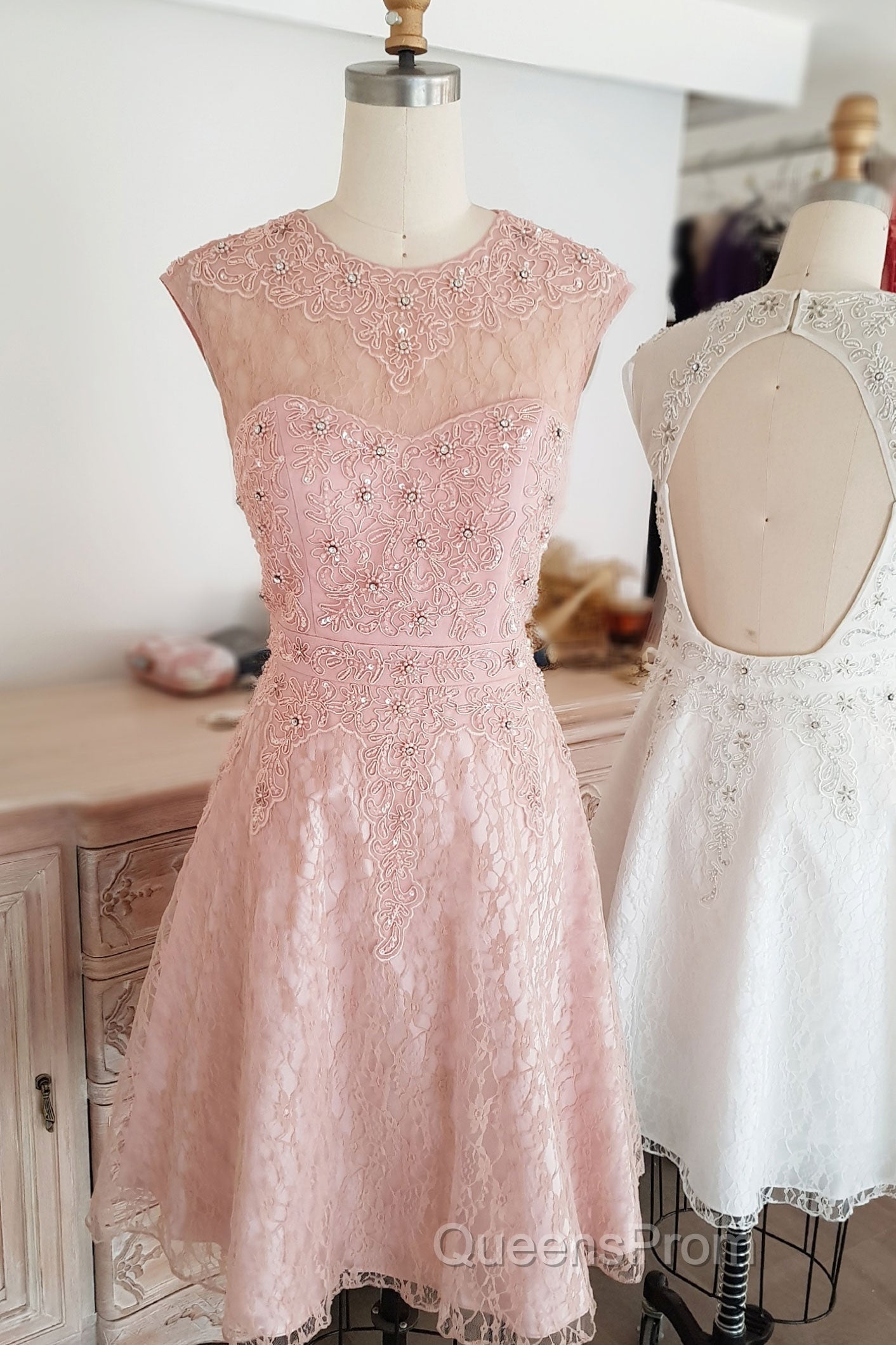 Cute round neck tulle lace short Evening Prom Dress lace bridesmaid Dress Secondary image