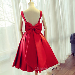 Cute Satin Bow Back Party Dress, Red Short Homecoming Dress