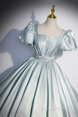 Cute Satin Floor Length Evening Prom Dress, A-Line Short Sleeve Evening Party Dress