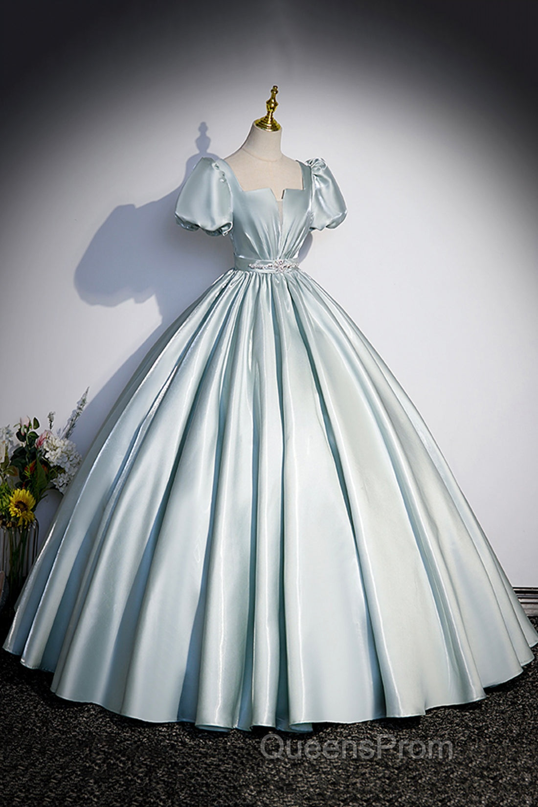 Cute Satin Floor Length Evening Prom Dress, A-Line Short Sleeve Evening Party Dress