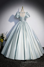 Cute Satin Floor Length Evening Prom Dress, A-Line Short Sleeve Evening Party Dress