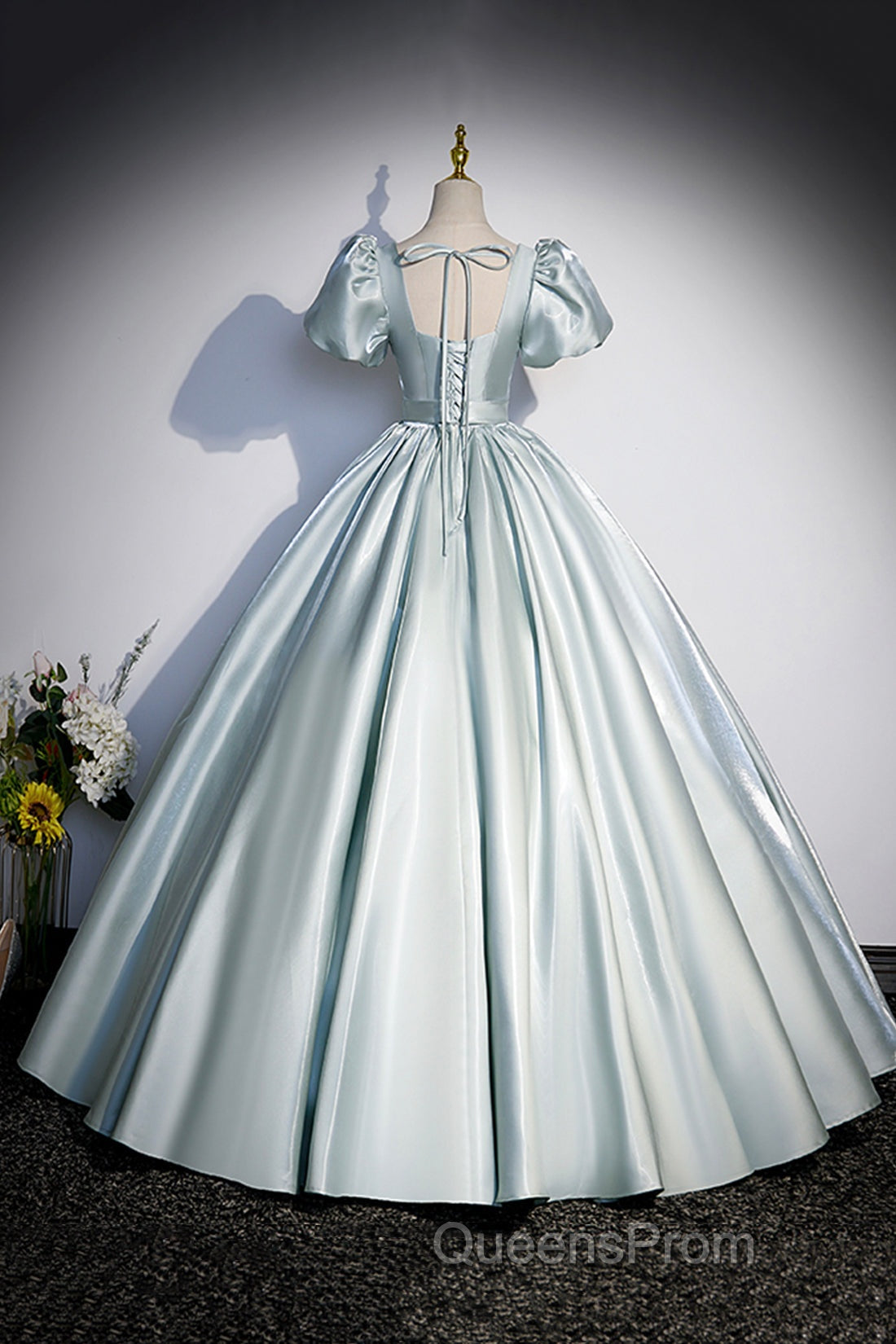 Cute Satin Floor Length Evening Prom Dress, A-Line Short Sleeve Evening Party Dress