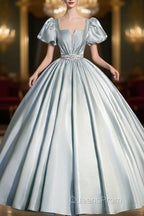Cute Satin Floor Length Evening Prom Dress, A-Line Short Sleeve Evening Party Dress