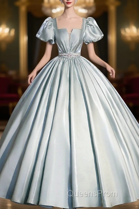 Cute Satin Floor Length Evening Prom Dress, A-Line Short Sleeve Evening Party Dress