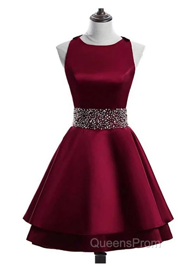 Cute Satin Knee Length Cross Back Beaded Party Dress, Homecoming Dress Main image