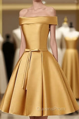 Cute Satin Knee Length Off Shoulder Homecoming Dress, Evening Prom Dress