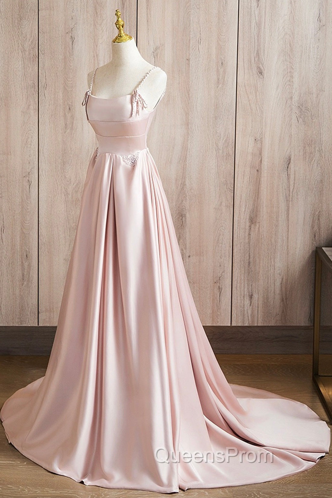 Cute Satin Long A-Line Pink Evening Prom Dress, Spaghetti Straps Evening Dress Secondary image