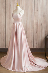 Cute Satin Long A-Line Pink Evening Prom Dress, Spaghetti Straps Evening Dress