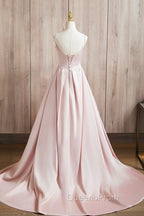 Cute Satin Long A-Line Pink Evening Prom Dress, Spaghetti Straps Evening Dress