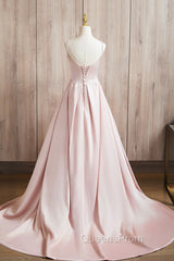 Cute Satin Long A-Line Pink Evening Prom Dress, Spaghetti Straps Evening Dress