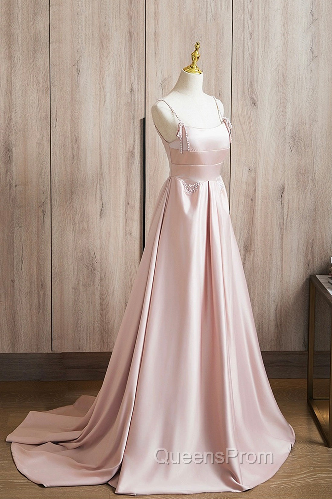 Cute Satin Long A-Line Pink Evening Prom Dress, Spaghetti Straps Evening Dress