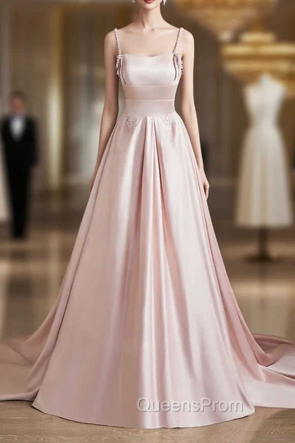 Cute Satin Long A-Line Pink Evening Prom Dress, Spaghetti Straps Evening Dress Main image