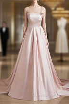 Cute Satin Long A-Line Pink Evening Prom Dress, Spaghetti Straps Evening Dress