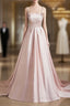 Cute Satin Long A-Line Pink Evening Prom Dress, Spaghetti Straps Evening Dress