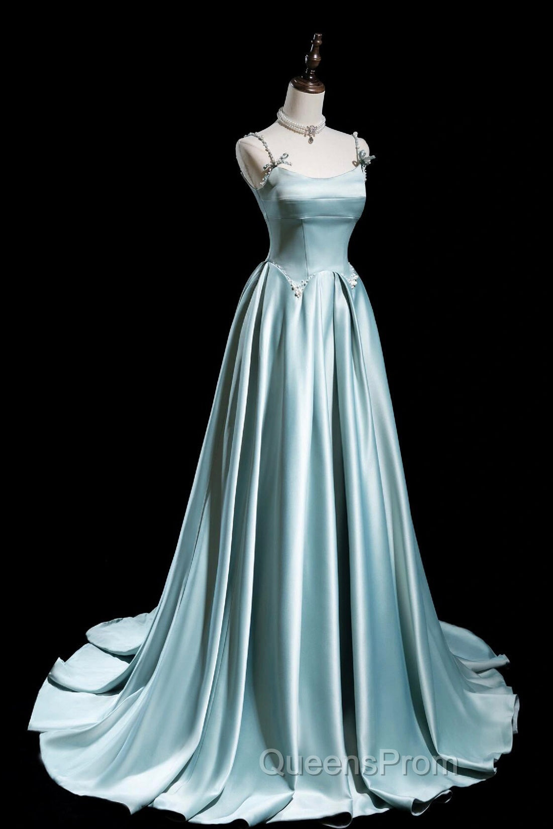 Cute Satin Long A-Line Evening Prom Dress, Ice Blue Spaghetti Straps Evening Dress Secondary image