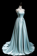 Cute Satin Long A-Line Evening Prom Dress, Ice Blue Spaghetti Straps Evening Dress