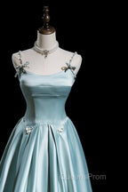 Cute Satin Long A-Line Evening Prom Dress, Ice Blue Spaghetti Straps Evening Dress