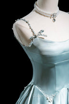 Cute Satin Long A-Line Evening Prom Dress, Ice Blue Spaghetti Straps Evening Dress