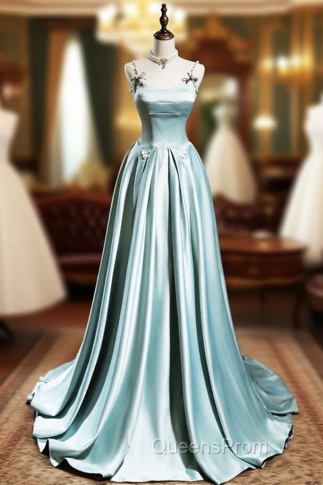 Cute Satin Long A-Line Evening Prom Dress, Ice Blue Spaghetti Straps Evening Dress Main image