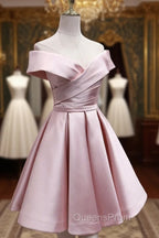 Cute Satin Pink Sweetheart Off Shoulder Knee Length Party Dress, Short Evening Prom Dress