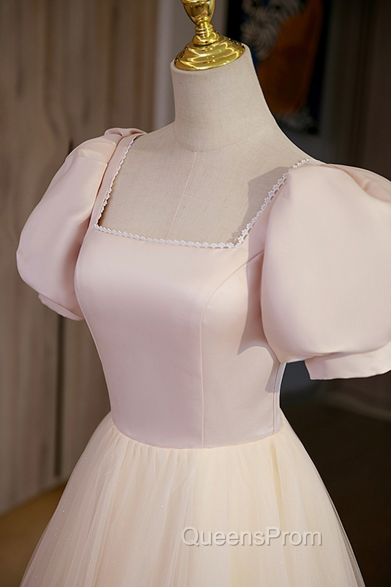 Cute Satin Tulle Long Evening Prom Dress, A-Line Short Sleeve Evening Dress Secondary image